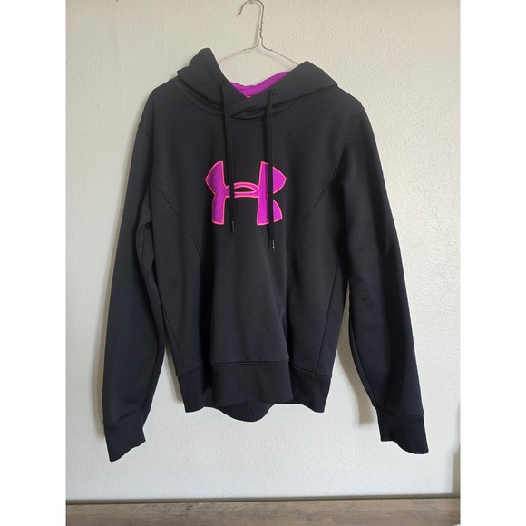 Under Armour Hoodie Pullover Sweatshirt‎ Drawstring Black Pink Logo Sz L - Picture 1 of 5